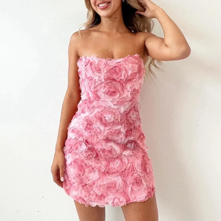 Strapless Mini Dress With 3D Rose Detailing - Kelley