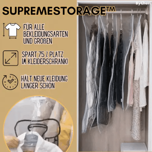 Open kleerkast met kleding in doorzichtige hangende vacuümzakken naast losse hangende kleding, met een inzet van een zak met jas aan een hanger. 1