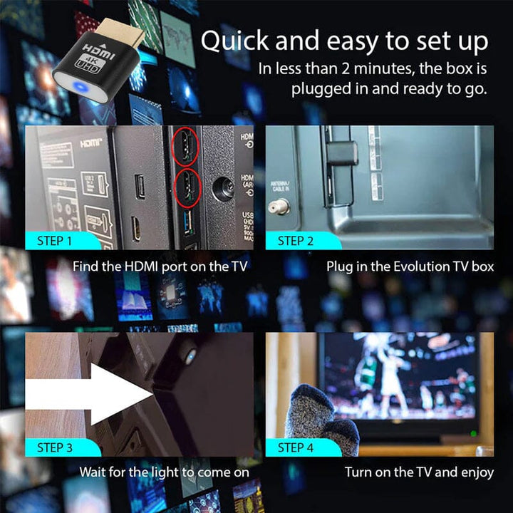 Vier stappen om het apparaatje te installeren: HDMI-poort zoeken, aansluiten, wachten tot het lampje brandt en tv aanzetten. 7