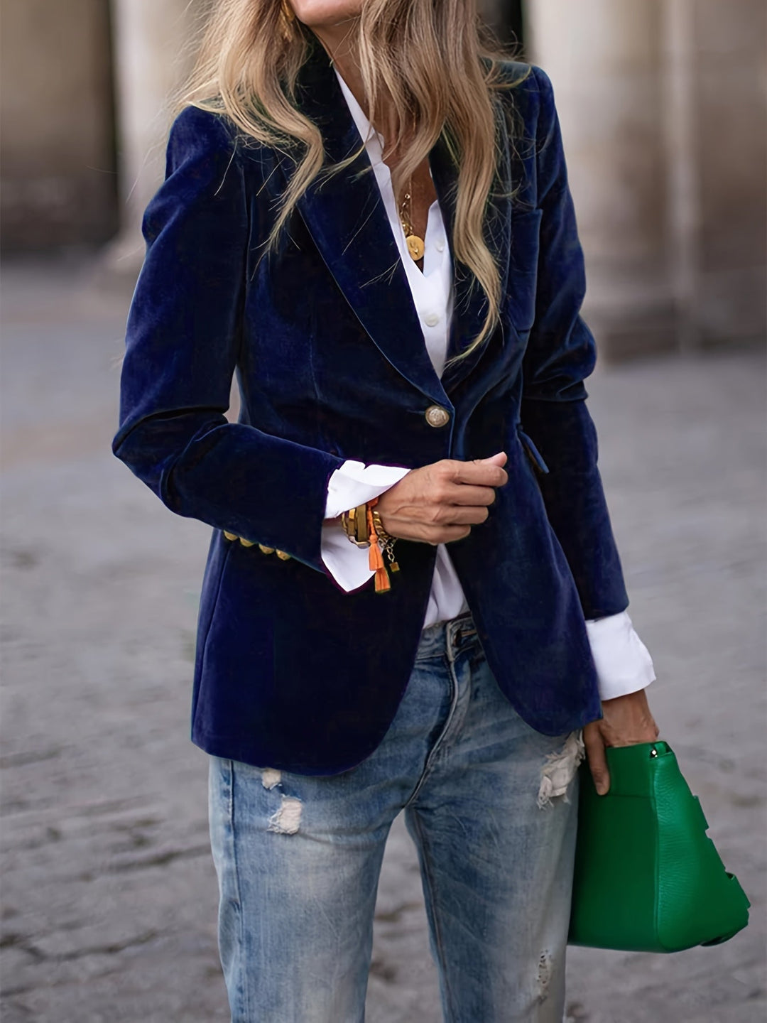 Tailored Velvet Blazer With Gold Buttons - Laura