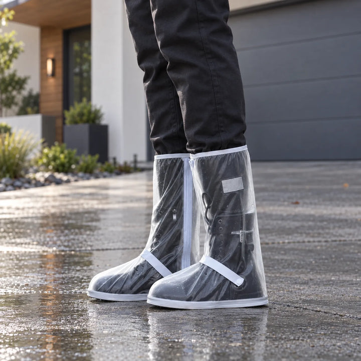 Doorzichtige regenoverschoenen over zwarte laarzen, zijaanzicht op een natte oprit voor een woning, met waterdruppels op het plastic. 3