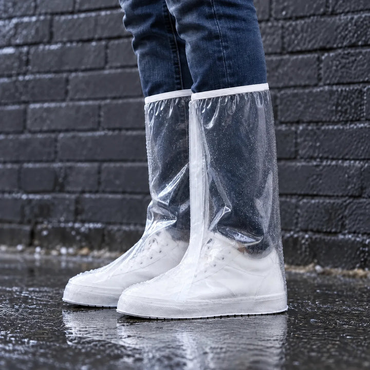 Doorzichtige hoge overschoenen over witte sneakers, gedragen op een natte stoep met regendruppels voor een donkere bakstenen muur. 1
