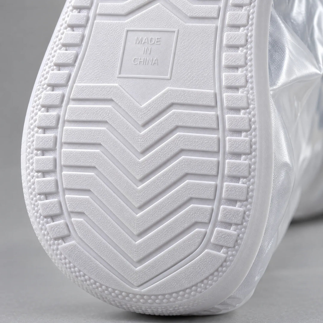 Close-up van de witte rubberen zool van de overschoen met zigzag profiel en gegroefde rand voor grip. 6