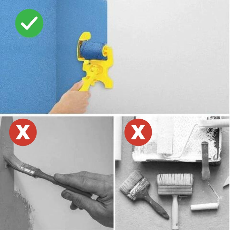Vergelijking: de rander met blauwe verf langs een witte muur naast twee afgekeurde methoden met penseel en verfbak. 8