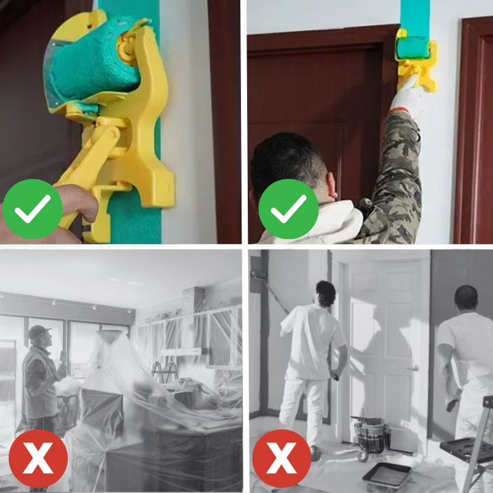 Vier beelden: twee keer de rander langs een deurkozijn in groene verf, twee keer afplakken en afdekken met folie, afgekeurd. 5