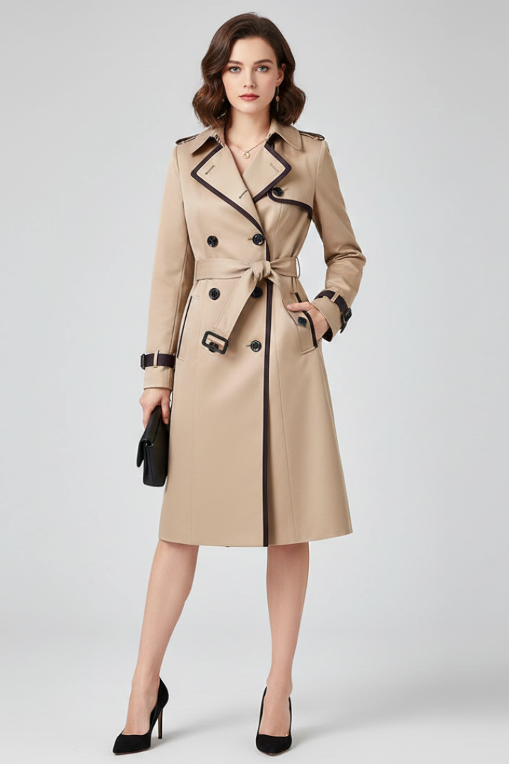 Model draagt de beige trenchcoat met donkere bies voorlangs, ceintuur gestrikt, met zwarte clutch en zwarte pumps. 2