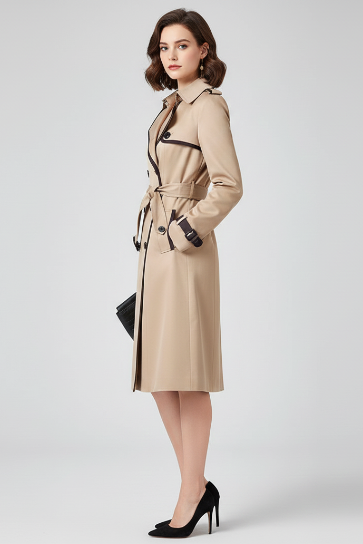 Zijaanzicht van de beige trenchcoat op een model, met strik in de ceintuur, gesloten knopen en bies langs de voorpanden. 3