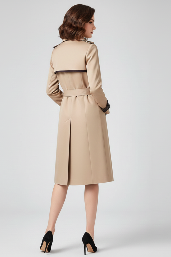 Achterkant van de beige trenchcoat op een model, met schouderstuk, donkere bies, ceintuur en een platte plooi onderaan. 4