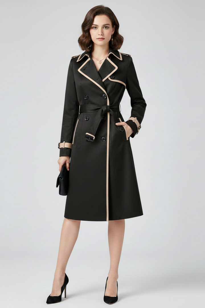 Model draagt de zwarte variant van de trenchcoat met beige bies, gestrikte ceintuur, zwarte clutch en pumps. 5