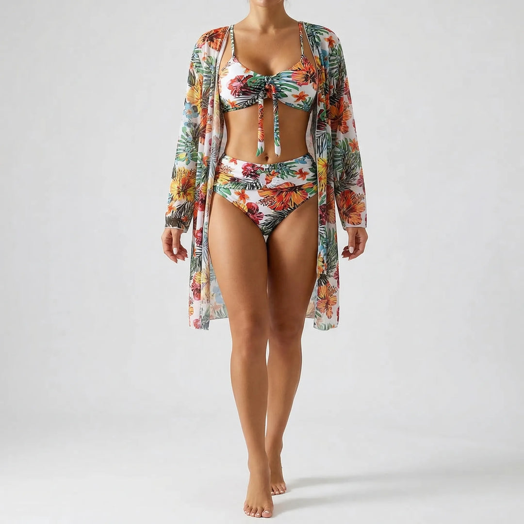 Three-Piece Tropical Floral Bikini Set - Dixie