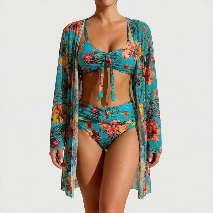 Three-Piece Tropical Floral Bikini Set - Dixie
