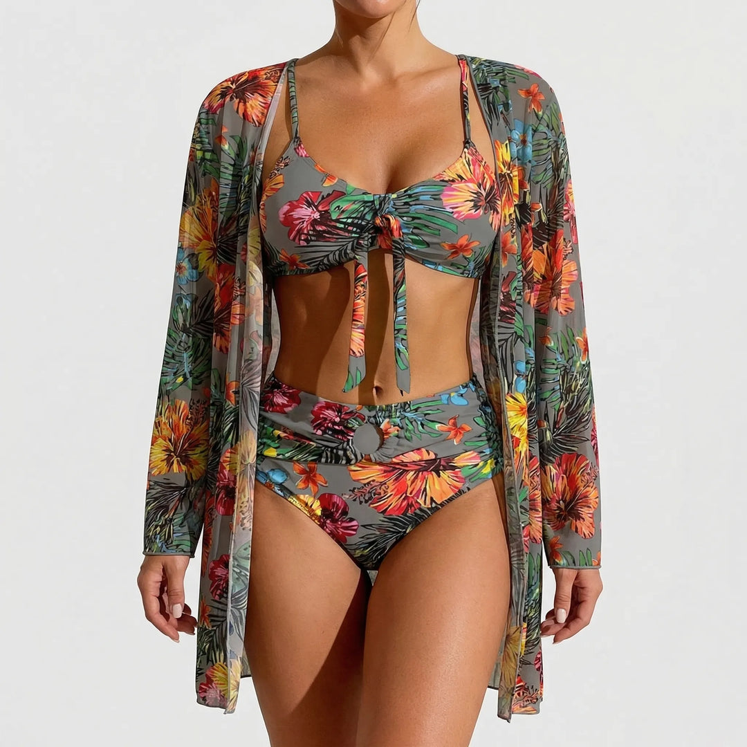 Three-Piece Tropical Floral Bikini Set - Dixie