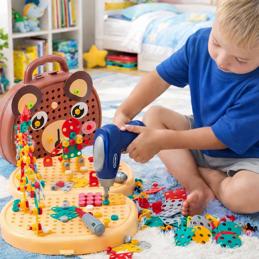 Jongetje in blauw shirt speelt op een vloerkleed met de speelgoedboor en bouwt kleurrijke figuren op het geopende bruine koffertje met beertje. 1