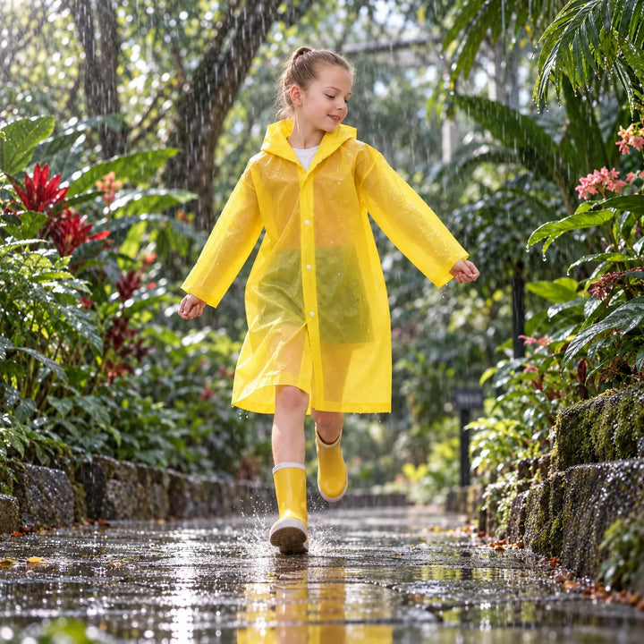 Lachend meisje in geel regenjack en gele laarzen springt door plassen in een regenachtige tuin. 3