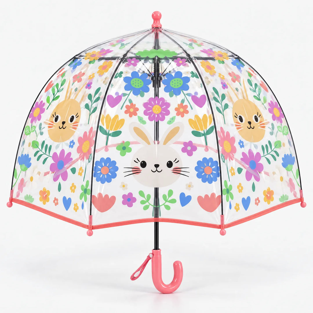 Doorzichtige koepelparaplu met konijnen, bloemen en hartjes, roze rand en handvat met polslusje, op witte achtergrond. 12
