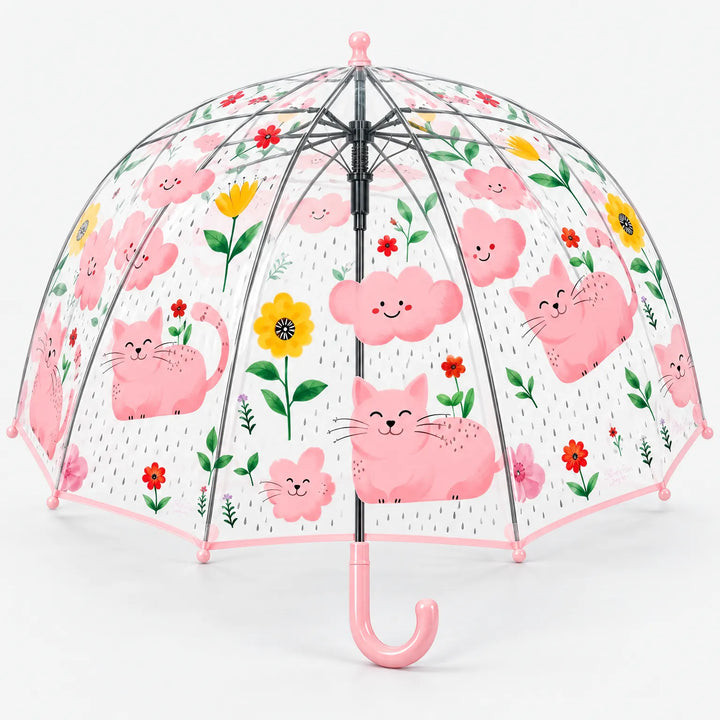 Doorzichtige koepelparaplu met roze poezen, wolkjes en bloemen, roze rand en handvat, gezien van onderaf met open baleinen. 13