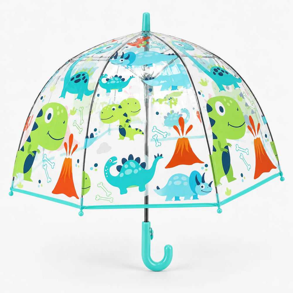 Doorzichtige koepelparaplu met dinosaurussen en vulkanen, turquoise rand en haakhandvat, op witte achtergrond. 2