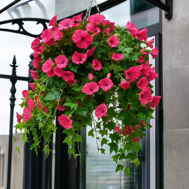 Roze kunstbloemen met groene bladeren hangen in een hangmand aan een ketting voor een zwart smeedijzeren hekwerk buiten. 1