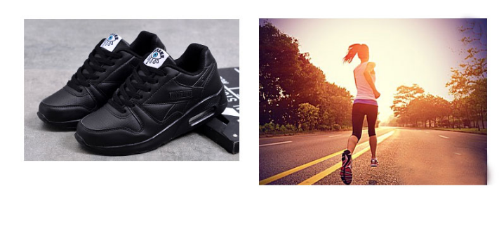 Zwarte sneakers naast een foto van een hardloopster op een weg bij zonsondergang 5