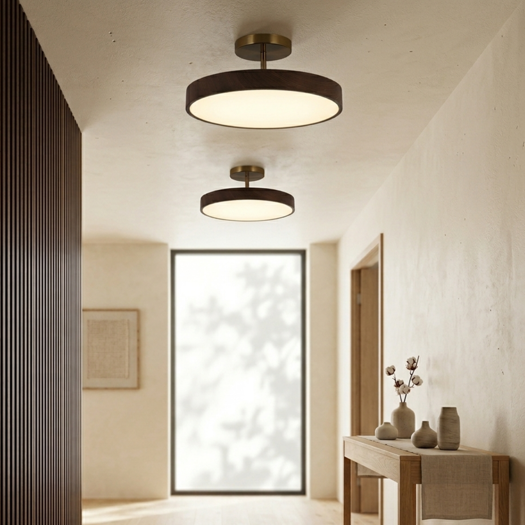 Twee lampen met donkere houtlook rand en gouden steun hangen in een lichte gang met groot raam en wandtafel. 6