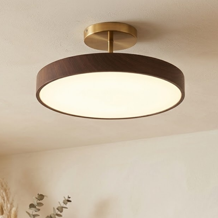 Brandende ronde plafondlamp met donkere houtlook rand en gouden bevestiging aan een licht gepleisterd plafond, met gedroogd plantendecor onderin. 1