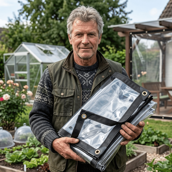 Man in bodywarmer houdt het opgevouwen doorzichtige zeil met zwarte rand en ogen vast in een tuin met kas en moestuin. 1