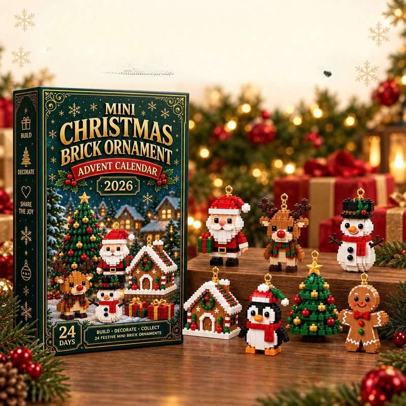 Doos met zes figuurtjes ervoor op een houten verhoging: kerstman, rendier, sneeuwman, huisje, pinguïn en peperkoekman, tussen kerstversiering. 9