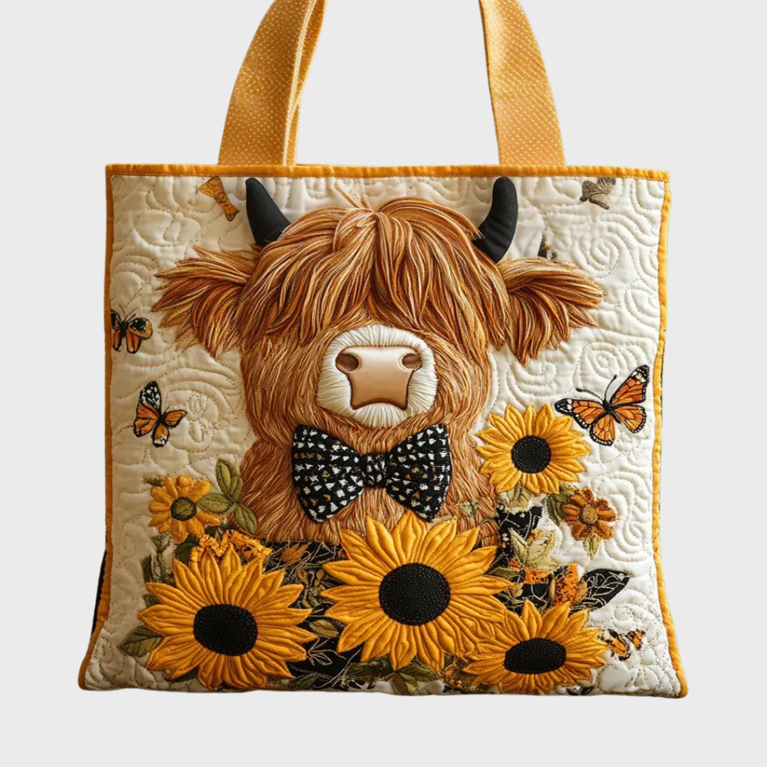 Voorkant van de gewatteerde shopper met hooglander, zonnebloemen en vlinders, met golvende stiksels en gele hengsels, tegen een lichtgrijze achtergrond. 3