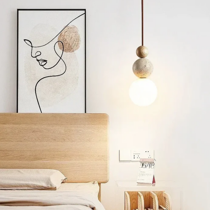 Moderne Travertijn en Mahonie Hanglamp - NaturaLuxe