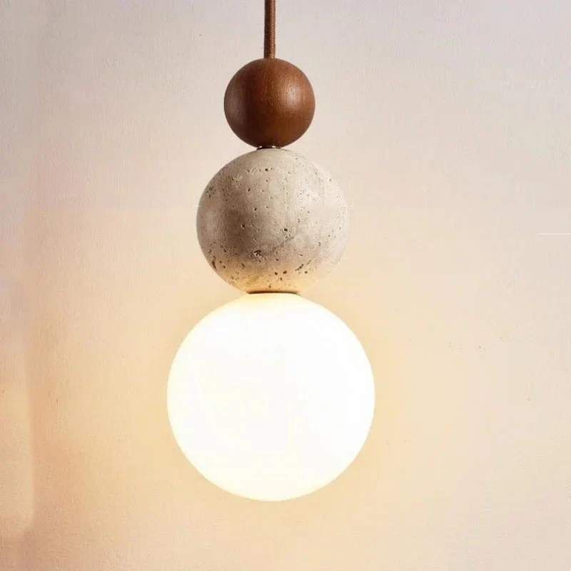 Moderne Travertijn en Mahonie Hanglamp - NaturaLuxe