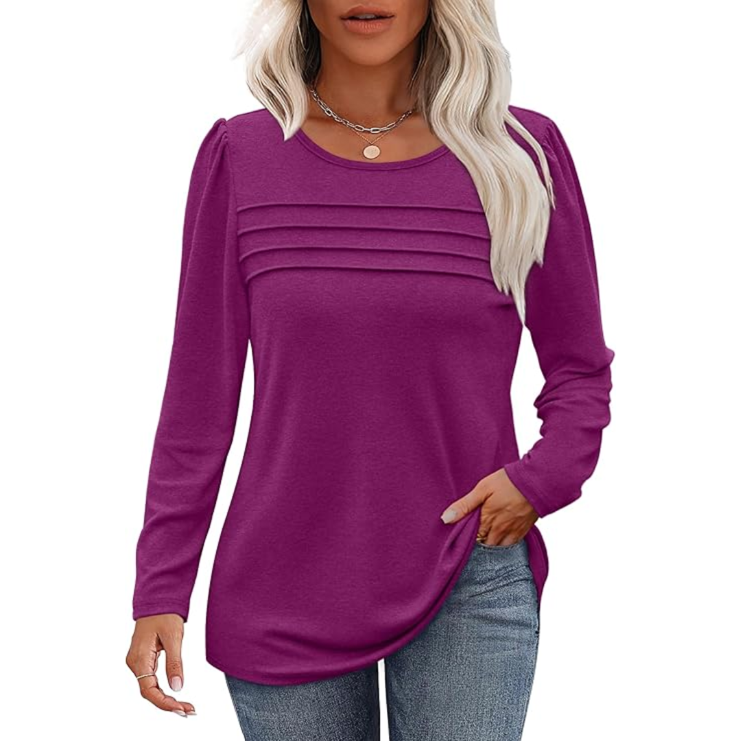 Trendy Pleated Long Sleeve Tunic Top - Sarah