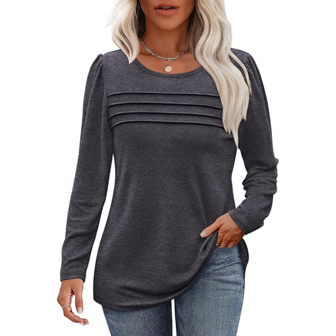 Trendy Pleated Long Sleeve Tunic Top - Sarah