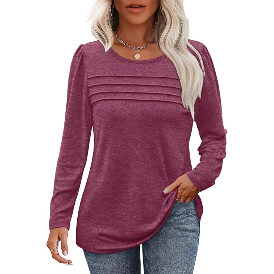 Trendy Pleated Long Sleeve Tunic Top - Sarah