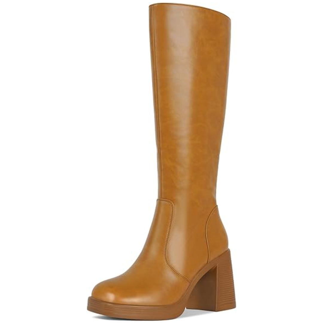 Leather Platform Boots with Block Heel - Ursula