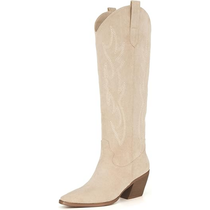 Knee-High Embroidered Suede & Faux Leather Cowboy Boots - Mary