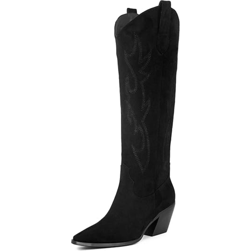 Knee-High Embroidered Suede & Faux Leather Cowboy Boots - Mary
