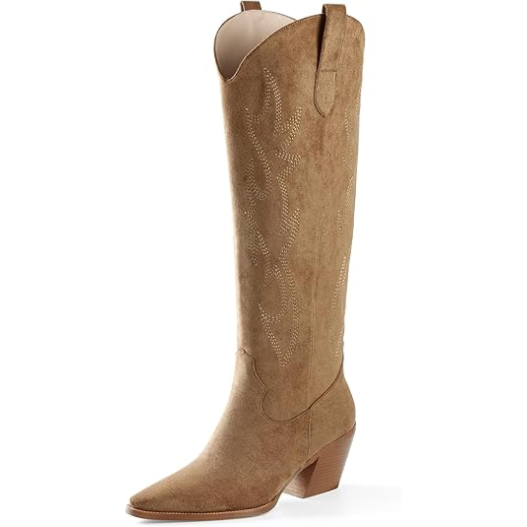 Knee-High Embroidered Suede & Faux Leather Cowboy Boots - Mary