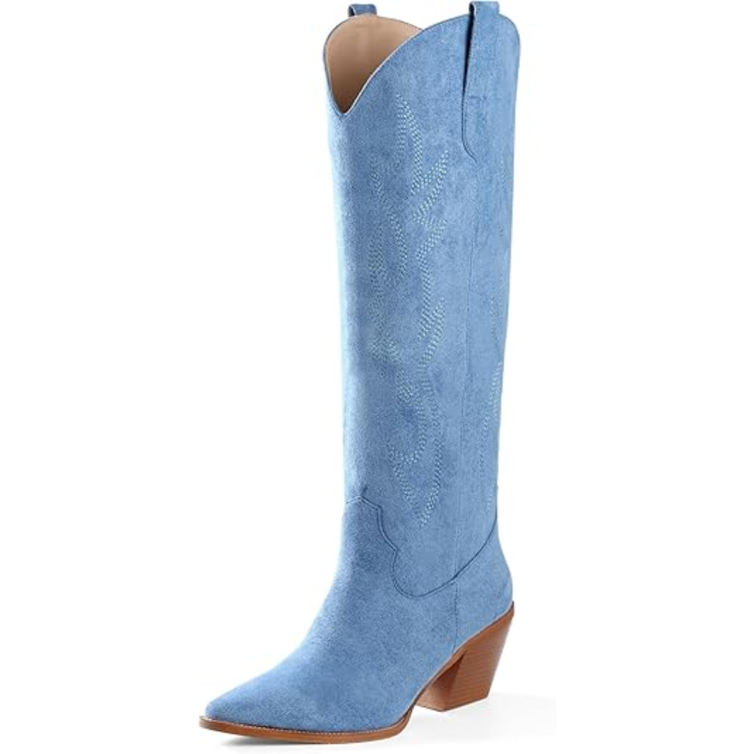 Knee-High Embroidered Suede & Faux Leather Cowboy Boots - Mary