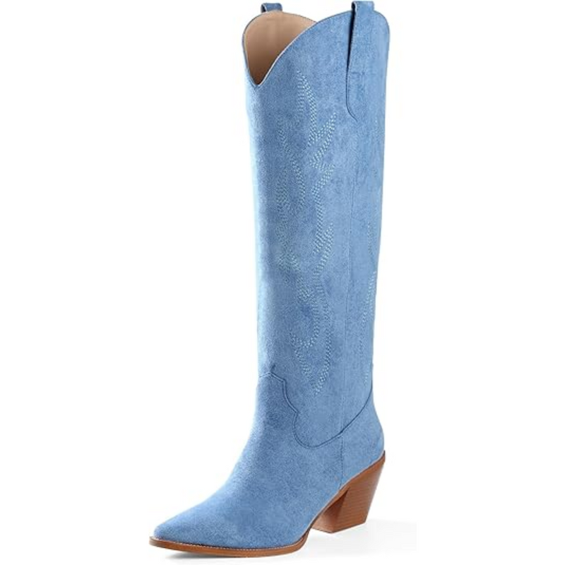 Knee-High Embroidered Suede & Faux Leather Cowboy Boots - Mary