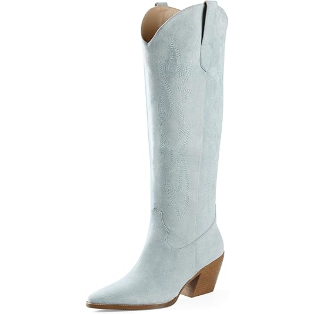 Knee-High Embroidered Suede & Faux Leather Cowboy Boots - Mary