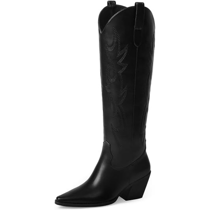 Knee-High Embroidered Suede & Faux Leather Cowboy Boots - Mary