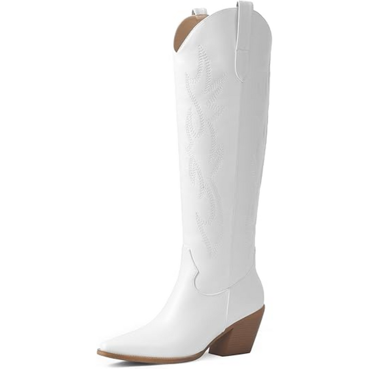 Knee-High Embroidered Suede & Faux Leather Cowboy Boots - Mary