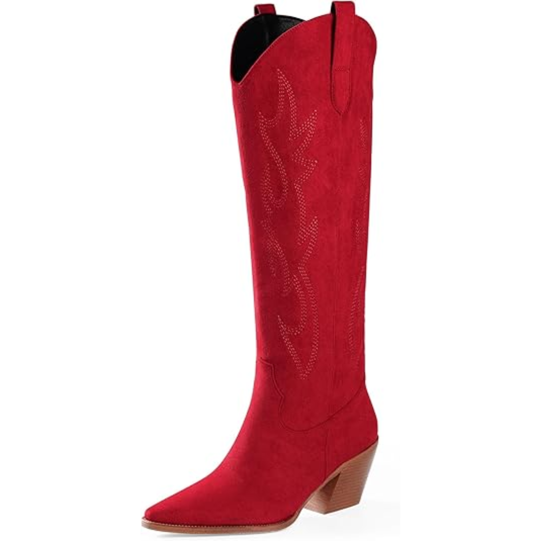 Knee-High Embroidered Suede & Faux Leather Cowboy Boots - Mary