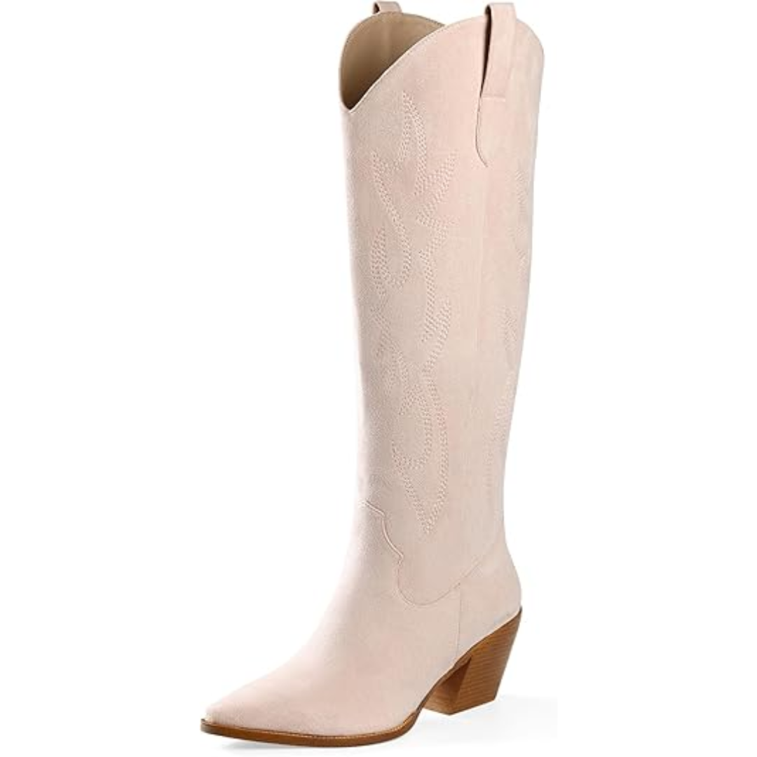 Knee-High Embroidered Suede & Faux Leather Cowboy Boots - Mary