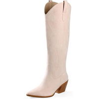 Knee-High Embroidered Suede & Faux Leather Cowboy Boots - Mary
