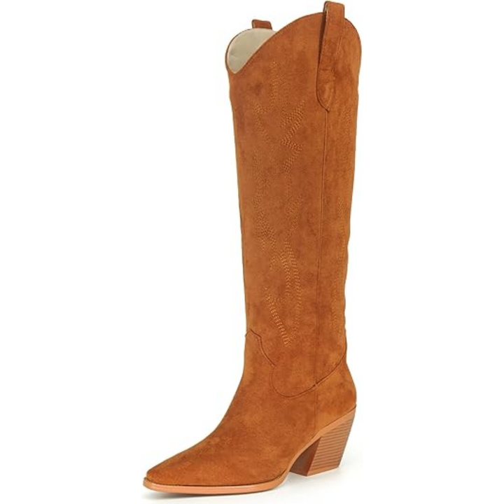 Knee-High Embroidered Suede & Faux Leather Cowboy Boots - Mary