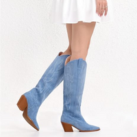 Knee-High Embroidered Suede & Faux Leather Cowboy Boots - Mary