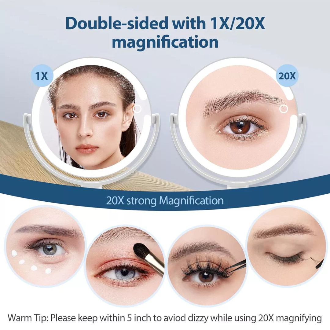 Illuminated Makeup Mirror - 20X Zoom & Adjustable Brightness
