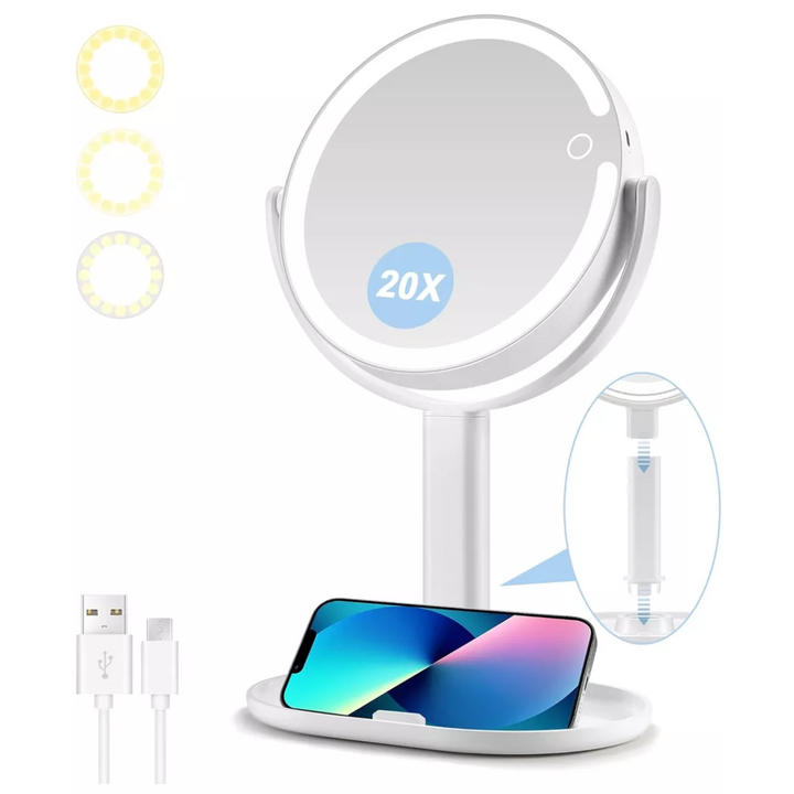 Illuminated Makeup Mirror - 20X Zoom & Adjustable Brightness