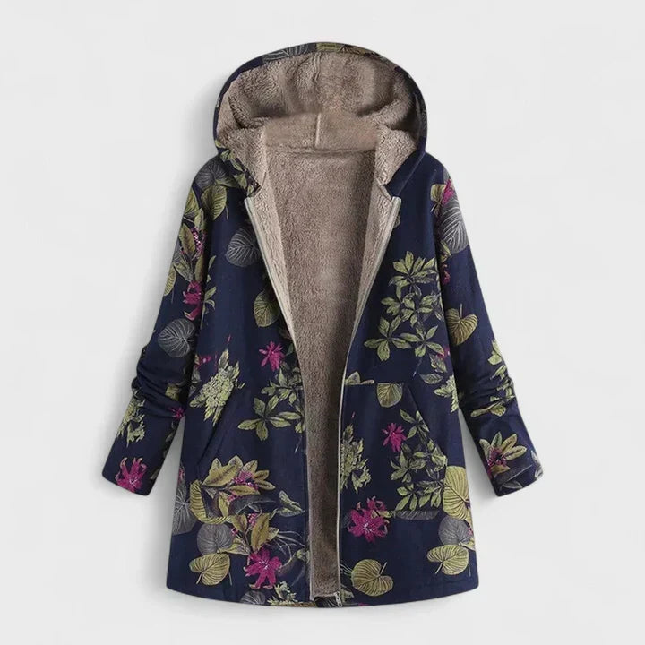 Open parka op hanger in donkerblauw met paarse bloemen en groene bladeren, gevoerd met beige teddystof 3